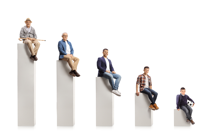 pillars with men at various ages sitting on top